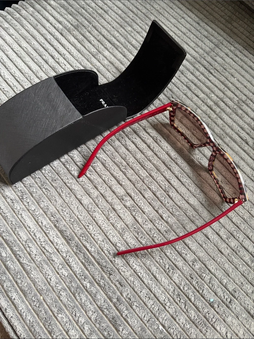 Prada Tortoiseshell Frame Sunglasses with Red Arms